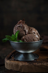 Chocolate cream ice cream in a cream bowl