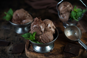 Chocolate cream ice cream in a cream bowl