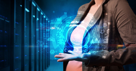 Woman holding hologram projection displaying biometric security concept