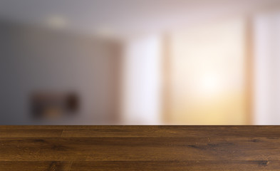 Empty interior with large window. Retro light bulb. The floor is of brown parquet.  3D rendering. wooden table. blurred background