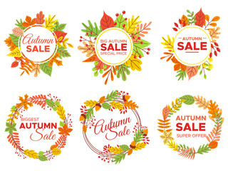 Autumn sale badges. Fall season sales, autumnal yellow leaves frame and september discount banners vector set