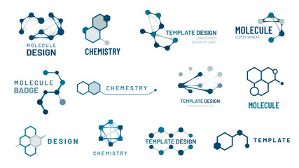 Hexagonal molecule badge. Molecular structure logo, molecular grids and chemistry hexagon molecules templates vector set