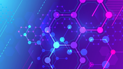 Color molecular structure. Hexagonal molecule grid, chemistry structures and science pharmaceutical research 3d vector background