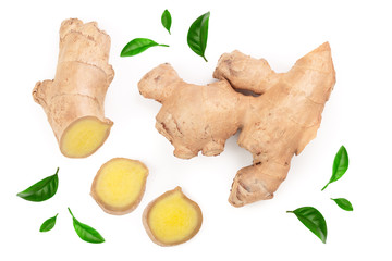 fresh Ginger root and slice isolated on white background. Top view. Flat lay