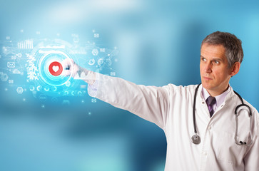 Doctor touching hologram screen displaying medical symbols and charts