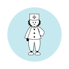 Vector element for design. Boy, medical doctor on blue circle. Profession surgeon. Simple line art, flat style. Black and white
