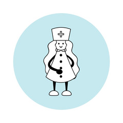 Vector element for design. Girl, medical doctor on blue circle. Profession nurse. Simple line art, flat style. Black and white