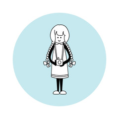 Vector element for design. Girl with photo camera on blue circle. Profession photographer. Simple line art, flat style. Black and white