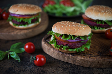 Vegetarian burgers with beetroot cutlet and vegetables