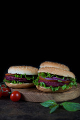 Vegetarian burgers with beetroot cutlet and vegetables