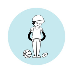 Vector element for design. Boy with balls on blue circle. Profession coach. Simple line art, flat style. Black and white