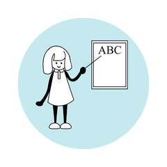 Vector element for design. Girl with board on blue circle. Profession teacher. Simple line art, flat style. Black and white