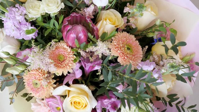Beautiful huge bouquet of fresh flowers beige astras, purple lilies, white and yellow roses with decorative green leaves, closeup view. Flower arrangement of different types of flowers.