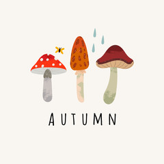 Autumn season. Hand drawn various mushrooms. Colored trendy vector illustration. Flat design. Stamp texture. Greeting card