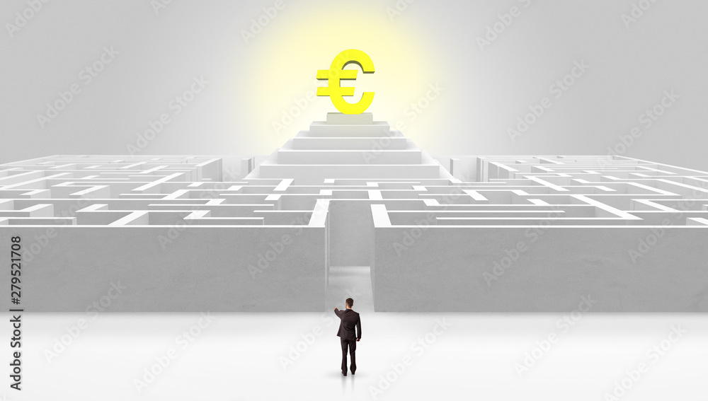 Wall mural man standing in front of a big round maze with profit concept on the middle