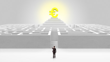 Man standing in front of a big round maze with profit concept on the middle