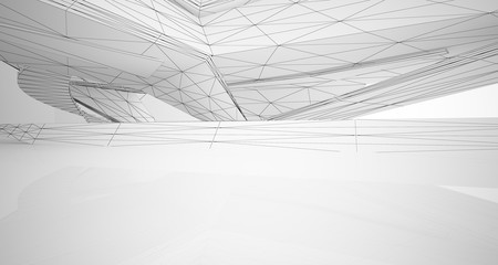 Drawing abstract architectural white interior of a minimalist house with large windows. 3D illustration and rendering.