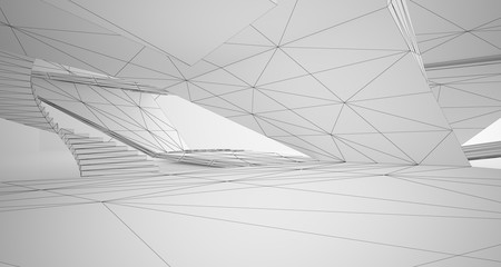 Drawing abstract architectural white interior of a minimalist house with large windows. 3D illustration and rendering.