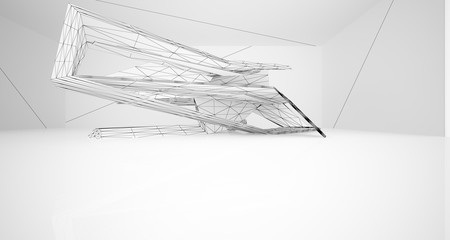 Drawing abstract architectural white interior of a minimalist house with large windows. 3D illustration and rendering.