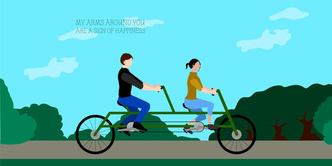 Romantic card with a happy couple riding a shared bike - Vector