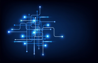 abstract lines and nodes electronic circuit technology background blue tone