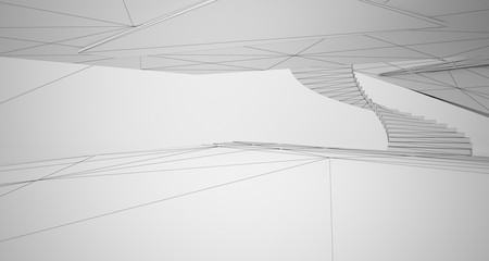 Drawing abstract architectural white interior of a minimalist house with large windows. 3D illustration and rendering.