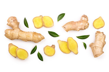 fresh Ginger root and slice isolated on white background with copy space for your text. Top view. Flat lay