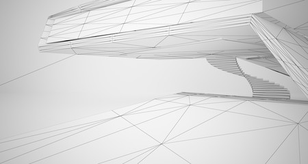 Drawing abstract architectural white interior of a minimalist house with large windows. 3D illustration and rendering.