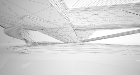 Drawing abstract architectural white interior of a minimalist house with large windows. 3D illustration and rendering.