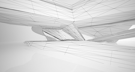 Drawing abstract architectural white interior of a minimalist house with large windows. 3D illustration and rendering.