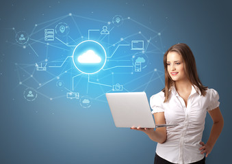 Young smiling person presenting office cloud technology concept