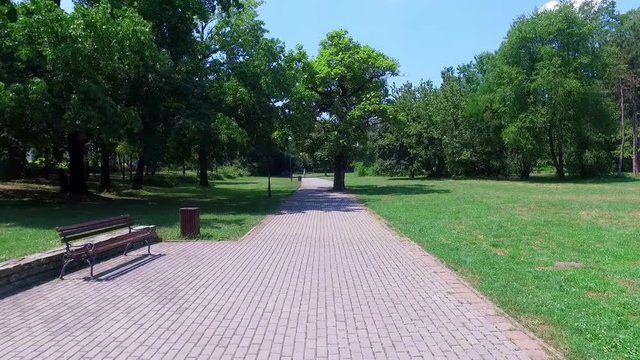 First person view or perspective walking down the foot path in the park with green trees grass and bushes on sunny summer day