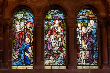 Church stained glass window as shot from the inside