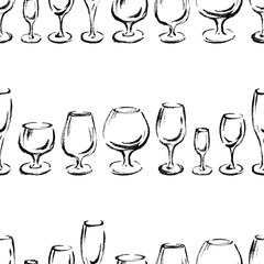 Seamless pattern of outlines of different wine glasses