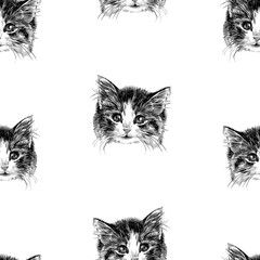 Seamless pattern of sketch portrait of cute kitten