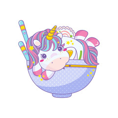 Vector cartoon illustration in kawaii anime style. Cute unicorn in plate with ramen, noodles, narutomaki, egg, chopsticks, onion and spice. Perfect for Asian street food print
