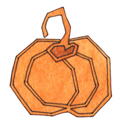 A beautiful pumpkin orange with green leaf. Proper nutrition, vegan, vegetarian, organic, healthy food. Fresh juicy bright pumpkin. Hand drawing watercolor with outline.