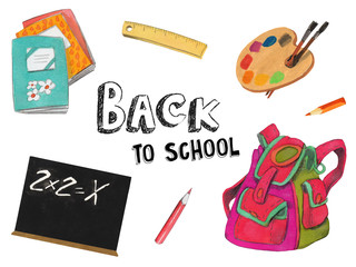 Watercolor school supplies collection. Hand painted items isolated on white background. Back to school set.