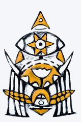 Black graphics with ocher elements on a white background. Geometric abstract figure.