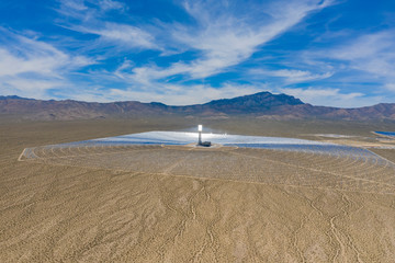 Aerial view of the solar tower of the Ivanpah Solar Electric Generating System
