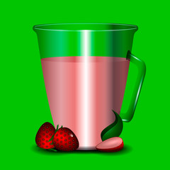 Strawberry juice jar with fruit on a colored background - Vector