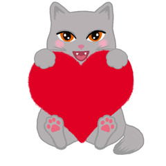 Cute kitten holding a heart. Confession in feelings. Congratulation on the holiday