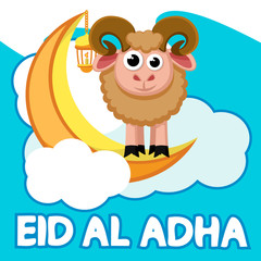 Obraz na płótnie Canvas Sheep stands on the moon in the clouds. Muslim holiday Eid al-Adha.