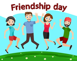 Happy friends jump on the lawn. World friendship day.