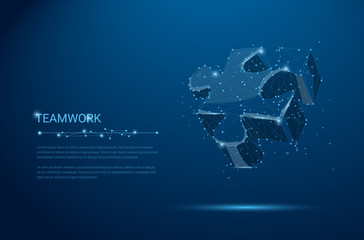 Teamwork low poly wireframe concept. Puzzle vector art. Polygonal wireframe puzzle piece sign with starry sky style on dark blue with dots, stars. Abstract 3d image.