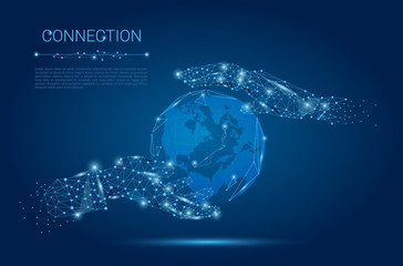 Hands connection, business conversation, Polygonal space low poly with connecting dots and lines. people communication concept. Connection wireframe structure. Vector on dark blue background