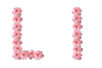 English alphabet from flowers of pink roses, letter L.
