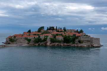 Fototapeta na wymiar Beautiful view of the island-resort of Sveti Stefan, Budva, Montenegro.