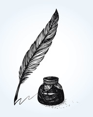 Vector freehand drawing of ancient pen and inkwell - obrazy, fototapety, plakaty
