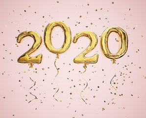 New year 2020 celebration. Golden balloons numeral 2020 and glittering confetti on the pink background. 3d illustration.